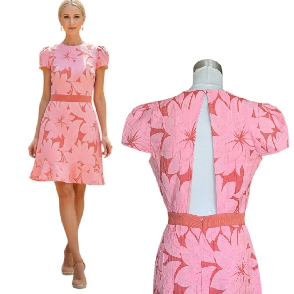 Tara Jarmon Pink Floral Open Back Jacquard Dress M